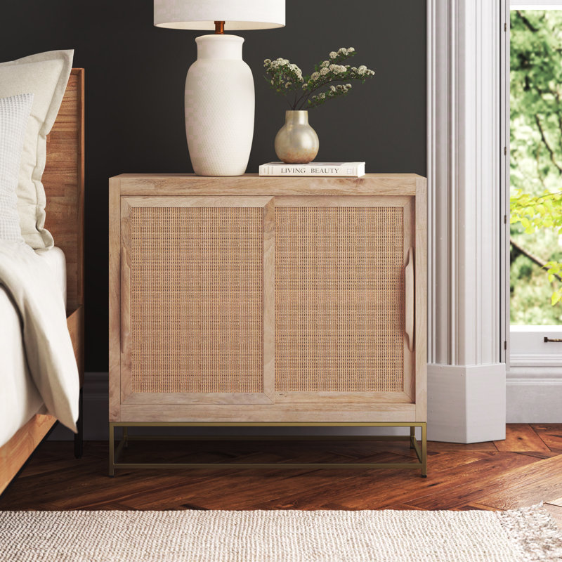 Janie Geometric Gold-Finish Rattan 2-Sliding Door Cabinet