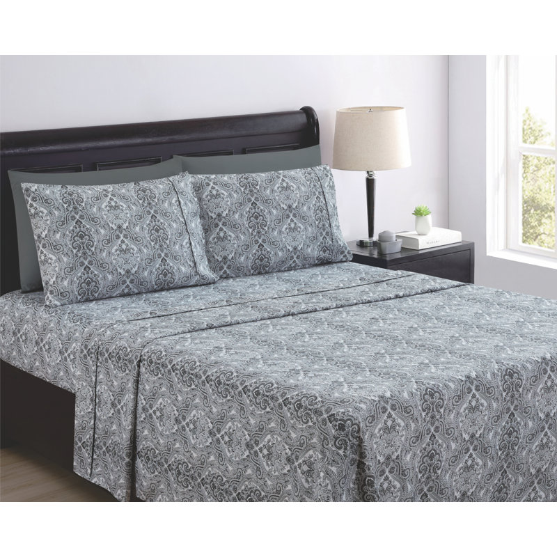 Percale Paisley Sheet Set, Twin Sheet Set + 1 Fitted Sheet + 1 Pillowcase, Light Gray