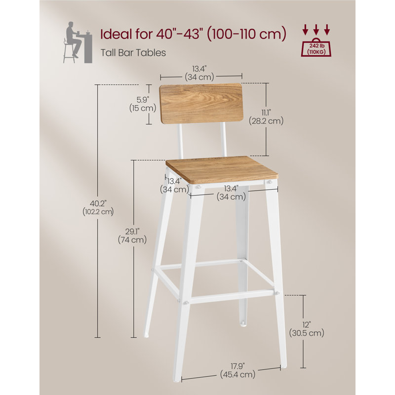 Ensemble de 2 tabourets de bar, tabourets de hauteur de bar, tabourets de bar hauts avec dossier, chaises de bar, structure en acier, style industriel