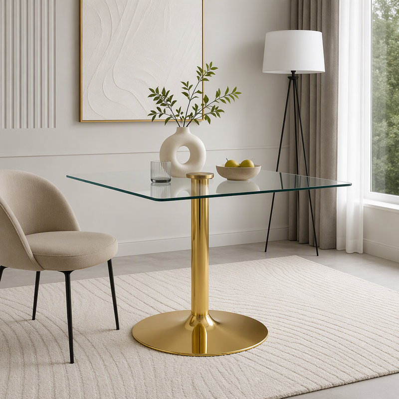 Table de salle à manger 38,5 "carrée en verre avec base à colonne unique, Or + transparent