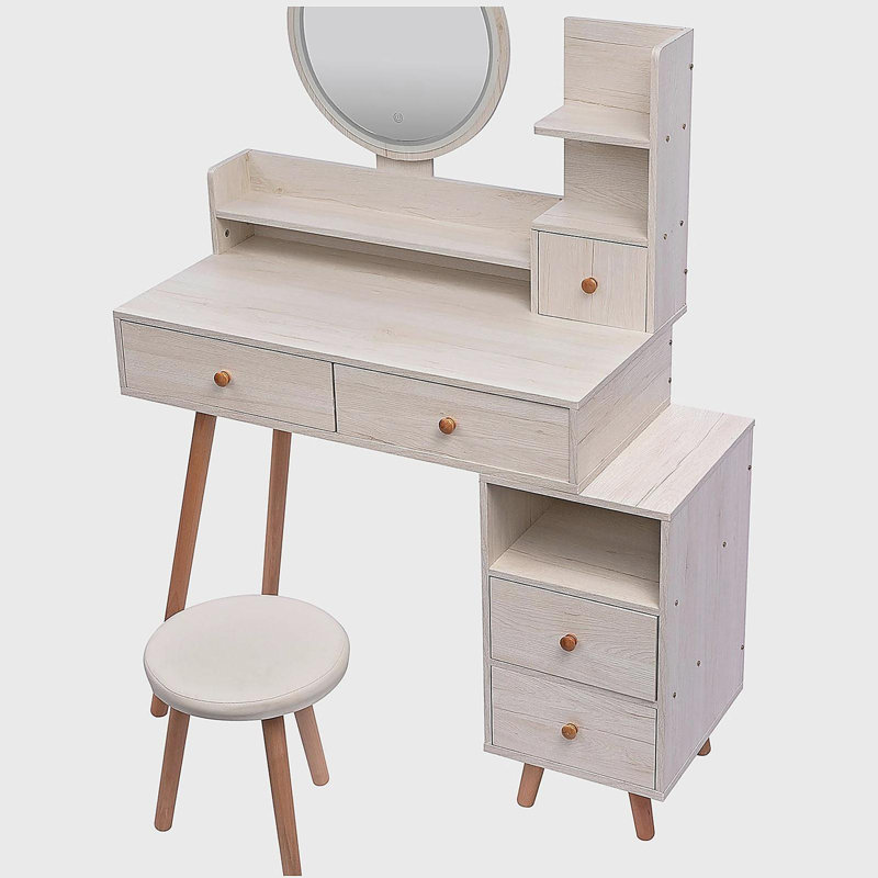 Stylish Vanity Table + Cushioned Stool,Touch Control LED Mirror,Large Capacity Storage Cabinet, 5 Drawers,Fashionable Makeup Furniture