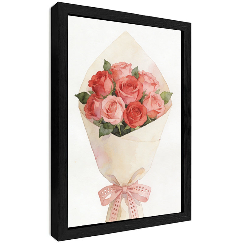 Noir encadré la Saint-Valentin - aquarelle, bouquet de roses, impression sur toile de style aquarelle, H 37 po x l 25 po