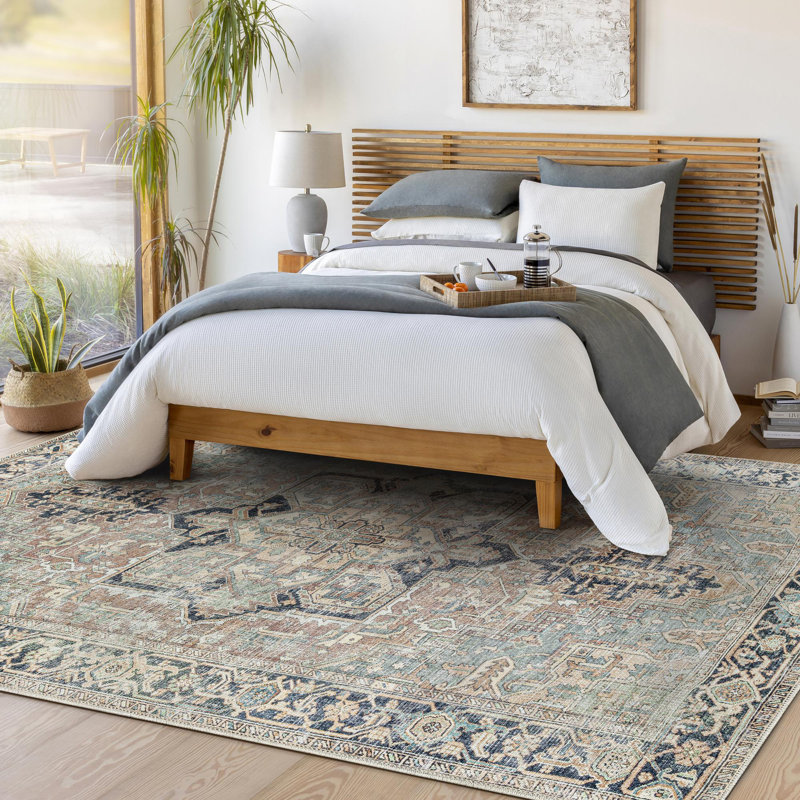Hodnett Oriental Blue/Ivory Machine Washable Area Rug, Rectangle 8'10" x 12'
