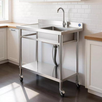 Évier de cuisine commercial en acier inoxydable à cuve mobile avec robinet à roues et tuyaux d'eau froide