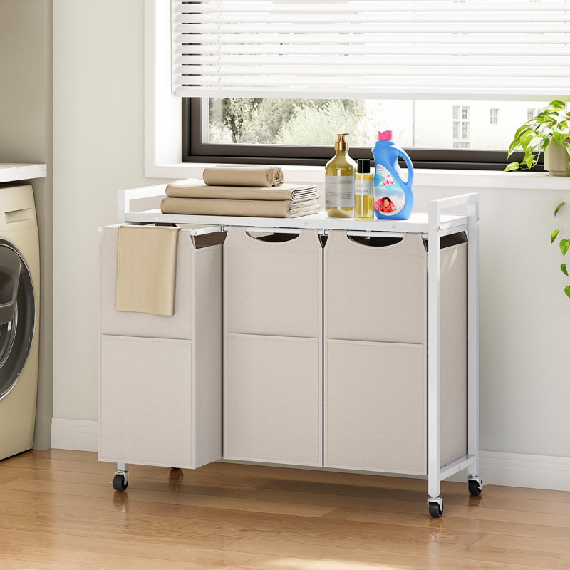 3-Section Laundry Sorter with Rolling Wheels, Removable Bags, and Top Shelf, Beige