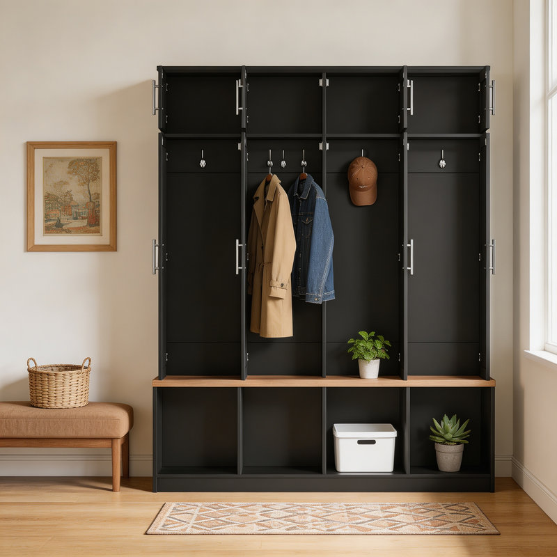 Porte-manteau de style campagnard avec 4 crochets dissimulés ; banquette multifonction de couleur noyer avec 8 portes d'armoire ; meuble à chaussures pour salons et entrées, noir
