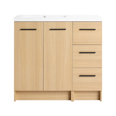 Meuble-lavabo autoportant modulaire 36 po avec comptoir en résine 36 po, chêne clair, 2 pièces (24 po 2 portes + 12 po 3 tiroirs), armoire KD, poignées en aluminium noir et brossé incluses