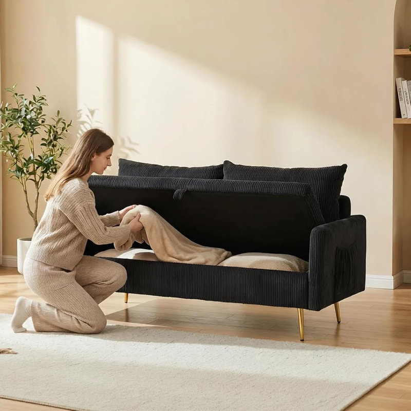  61.25" Upholstered Loveseat Sofa with Storage and 2 pillow, Comfy 2 Seater Couch for Apartment, Black