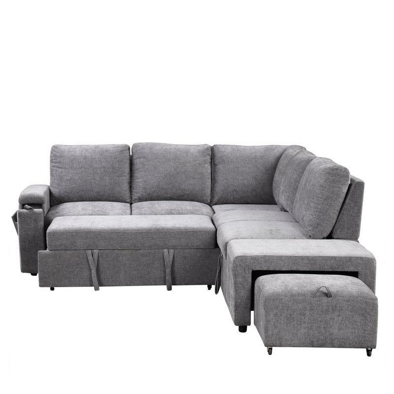 U_STYLE Canapé-lit gigogne en L avec rangement et ports USB, revêtement en polyester gris