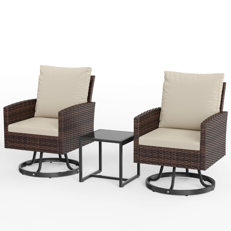 Ensemble de conversation en osier pivotant pour 2 personnes avec table d'appoint, Cream, Brown