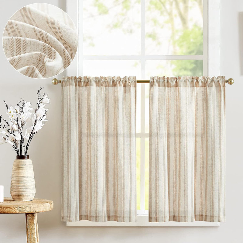 Rideaux de cuisine à rayures rayées, L 26 po x L 24 po, Brun clair sur beige