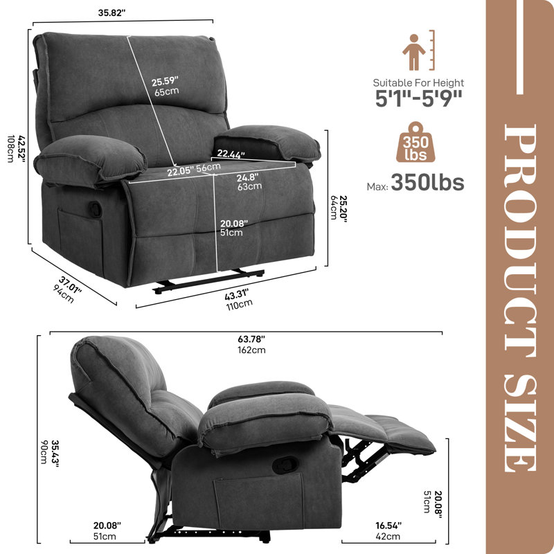 Oversized Manual Recliner Chair With Push-Back Mechanism, Built-In Massage Pillow, Gray