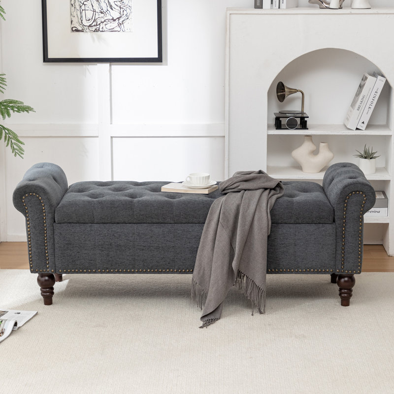59" Wide Upholstered Bench with Storage Box, Gray