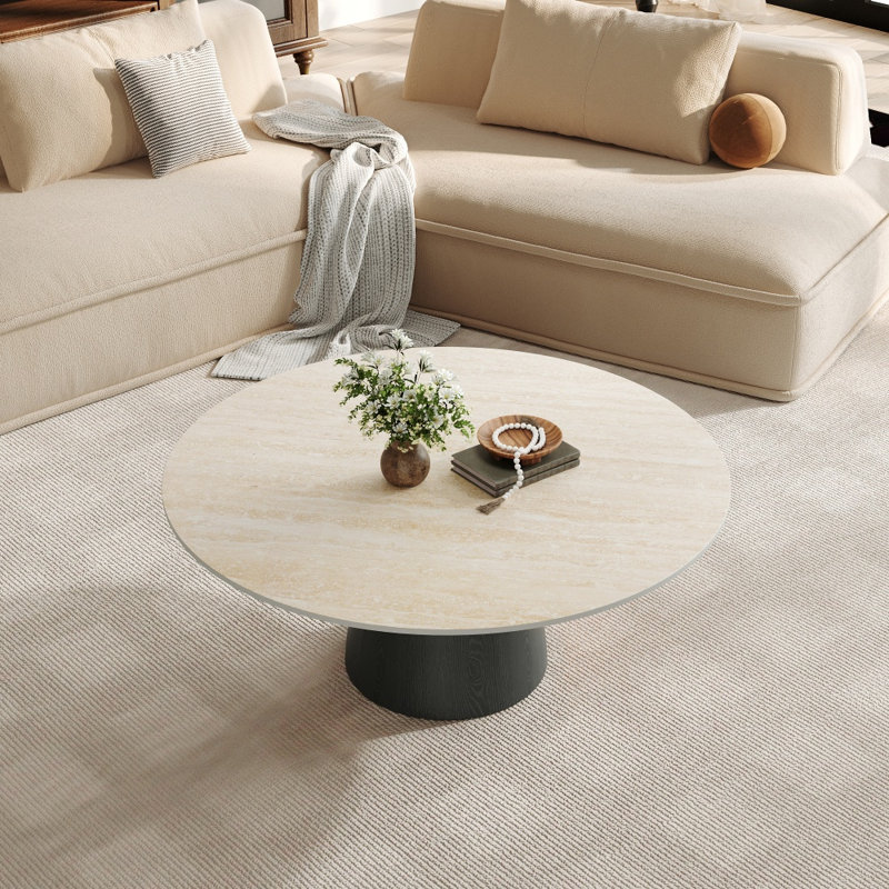 Table basse ronde en travertin moderne avec piédestal en bois massif, H 17,32 po x L 41,73 po x l 41,73 po, White/Black
