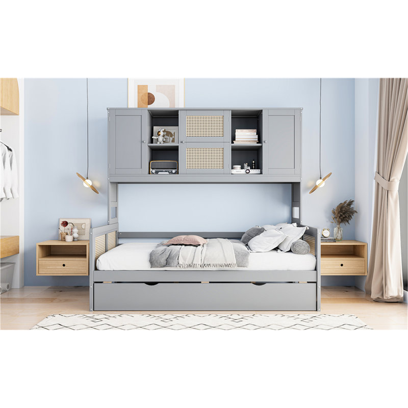 Lit de jour moderne en bois gris avec couchette et système de configuration pratique, Gris, Lit simple
