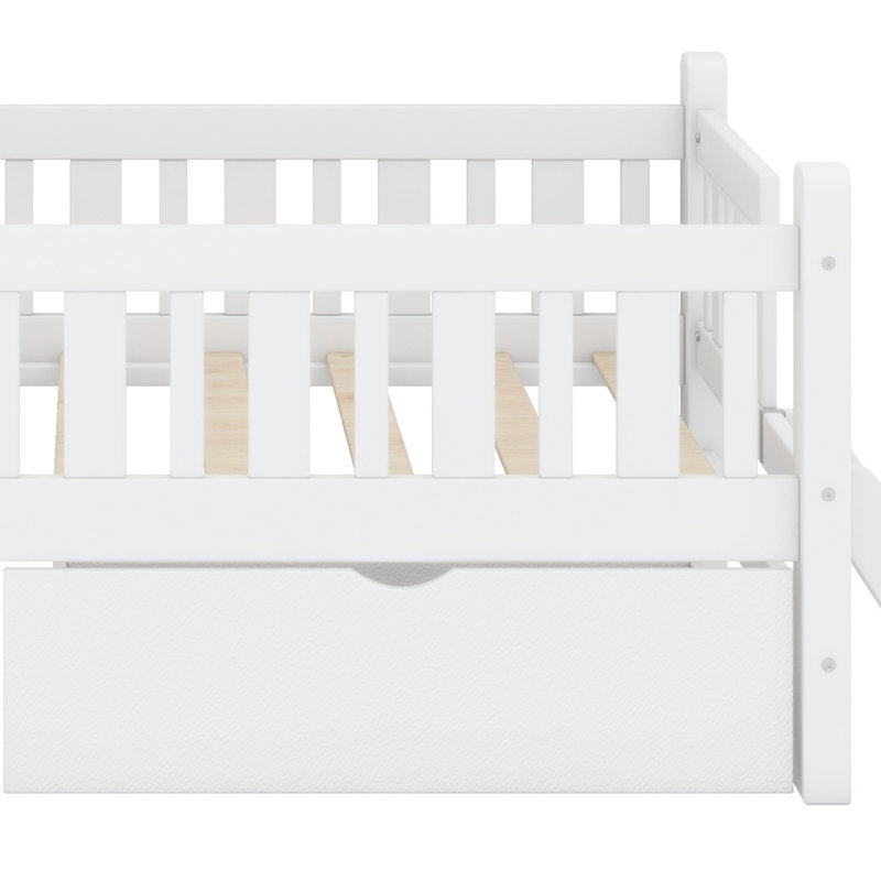 Lit plateforme en bois avec garde-corps et 2 tiroirs, Blanc