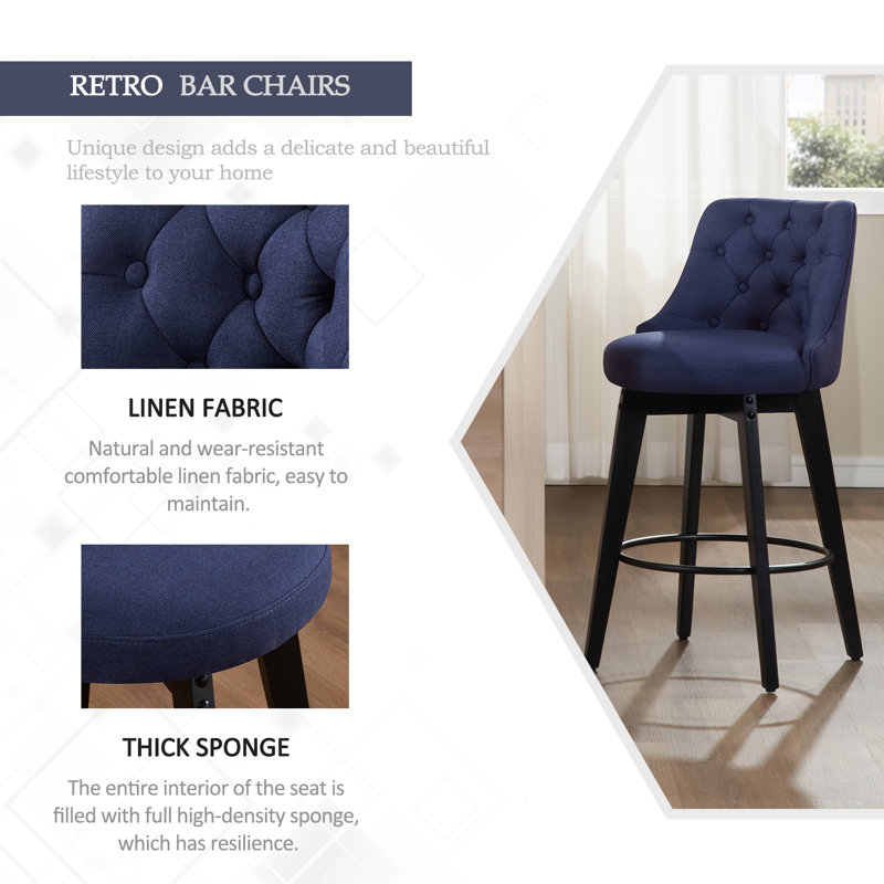Aneshka Upholstered Button-Tufted Bar stool with Solid Wood Frame, Navy