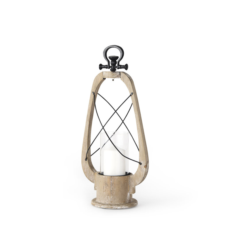 21" Brown And Black Distressed Abstract Solid Wood Metal And Glass Tabletop Lantern Candle Holder