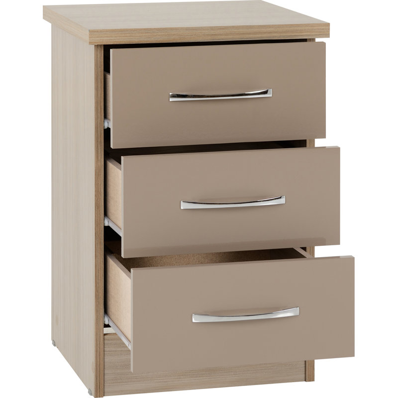 Cascio 3 Drawer Bedside Table, Oyster Gloss/Light Oak Effect Veneer