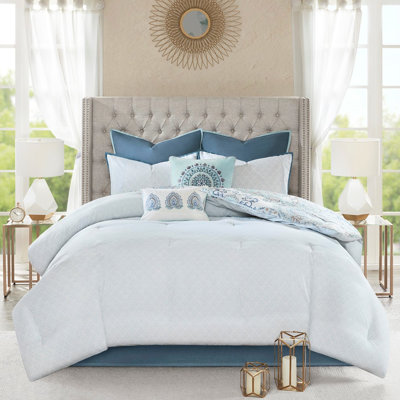 Édredon 8 pièces en coton bleu grand - réversible, imprimé médaillon en plusieurs couleurs, imprimé bicolore, taies décoratives unies incluses