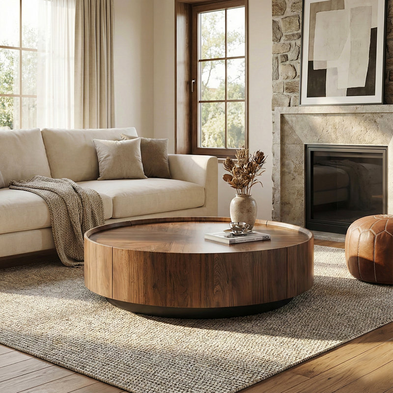 Table basse ronde en noyer avec 2 tiroirs de rangement cachés pour le salon ou le bureau personnel