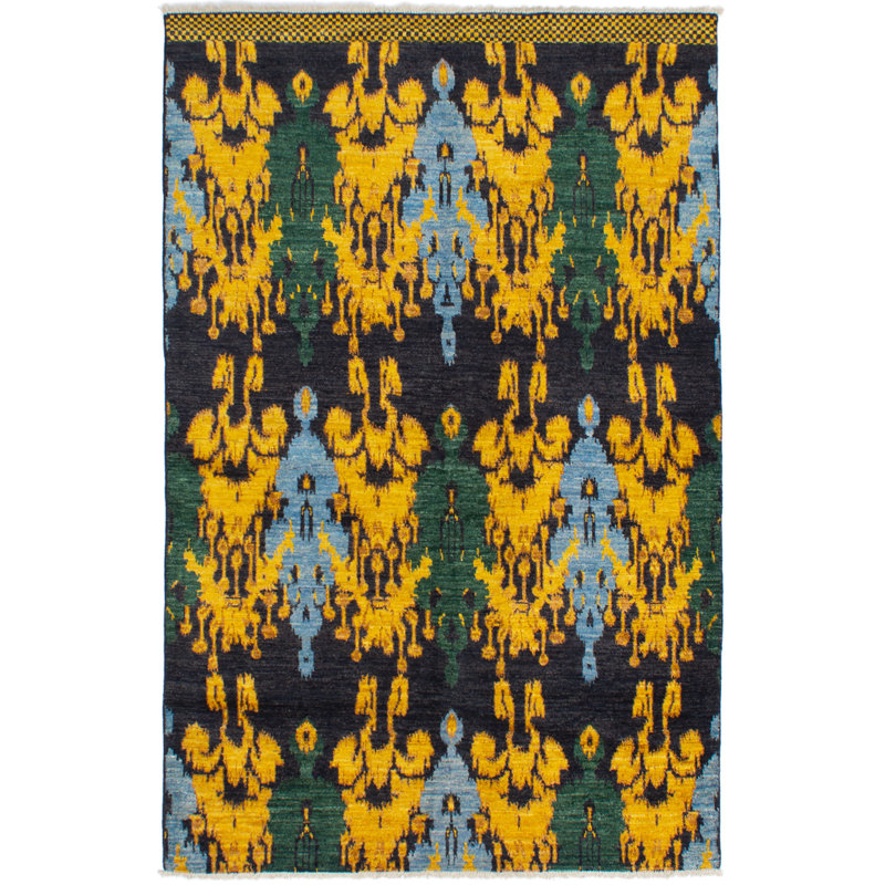 Tapis unique en laine noué à la main style Mogul des années 2010 de 6 pi x 9 pi 5 po jaune / vert / noir Canant