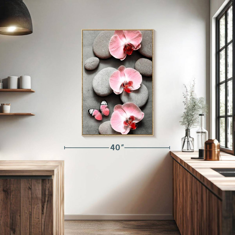 Zen orchidées roses et papillons, Floating Frame Natural Wood, 27" x 40"