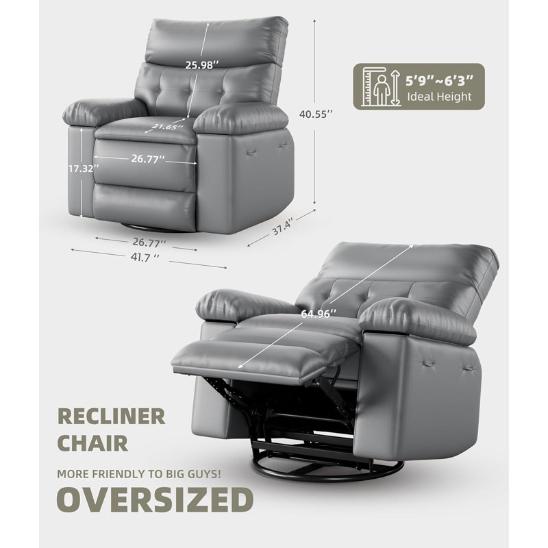 41.7'' Oversized Wide Recliner Chair, PU Leather Large Manual Recliner, Gray