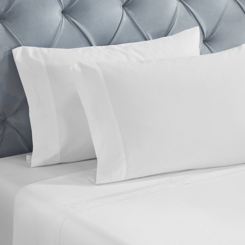 Ensemble de draps en coton brodé Moonlawn, Ensemble de draps très grand californien avec 2 t, Blanc