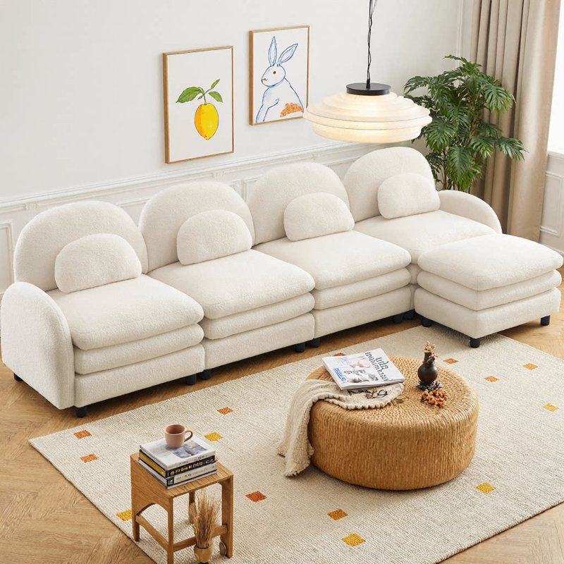 Teddy Fabric L-Shaped Cloud-like 4-Seater Modular Sectional Sofa, Curved Backrest & Armrests, Movable Ottoman, Double-Layer Cushion with Lumbar Pillows for Supportive Comfort
