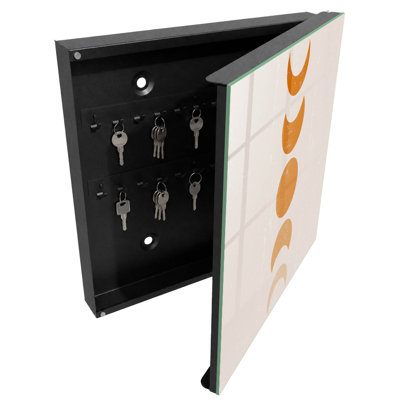 Key cabinet for home, Opens to the right, 30x30x5, Black, Orange moon phases on a light background, 