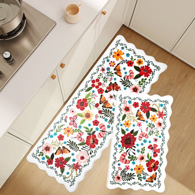 Floral Butterfly 2-Piece PVC Kitchen Mat Set with Scalloped Border