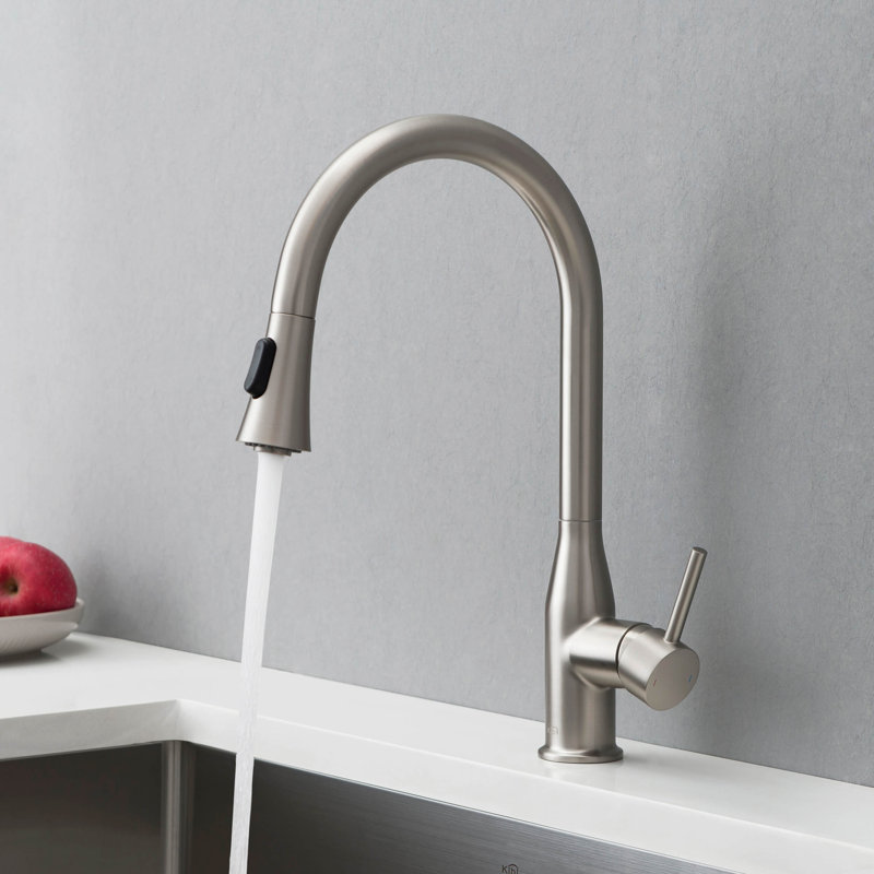 Robinet de cuisine à poignée simple avec accessoires Napa KIBI, Nickel brossé, Avec distributeur de savon