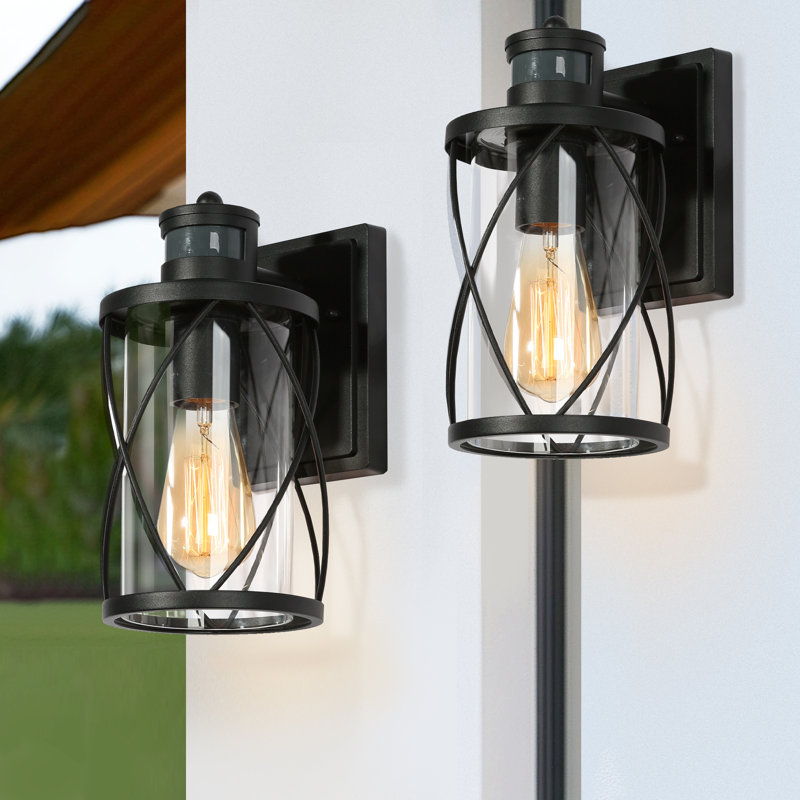 1-Light Black Motion Sensor Outdoor Sconce Light Wall Lantern Mount Sconce (Set of 2)