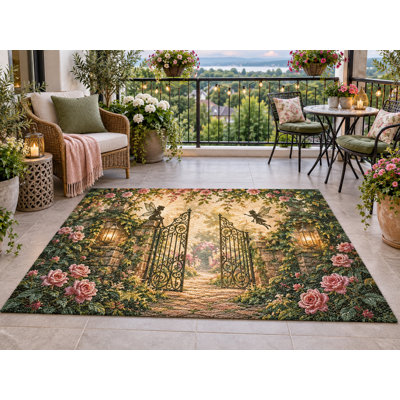 5' x 7' Outdoor Area Rug Enchanted Fairy Gate Rose Garden Heavyweight Solid Waterproof PVC Coil Loop Carpet, Heavy Duty Patio Rug, Quick Dry Indoor Outdoor Mat for Porch Balcony Entryway RV Camping