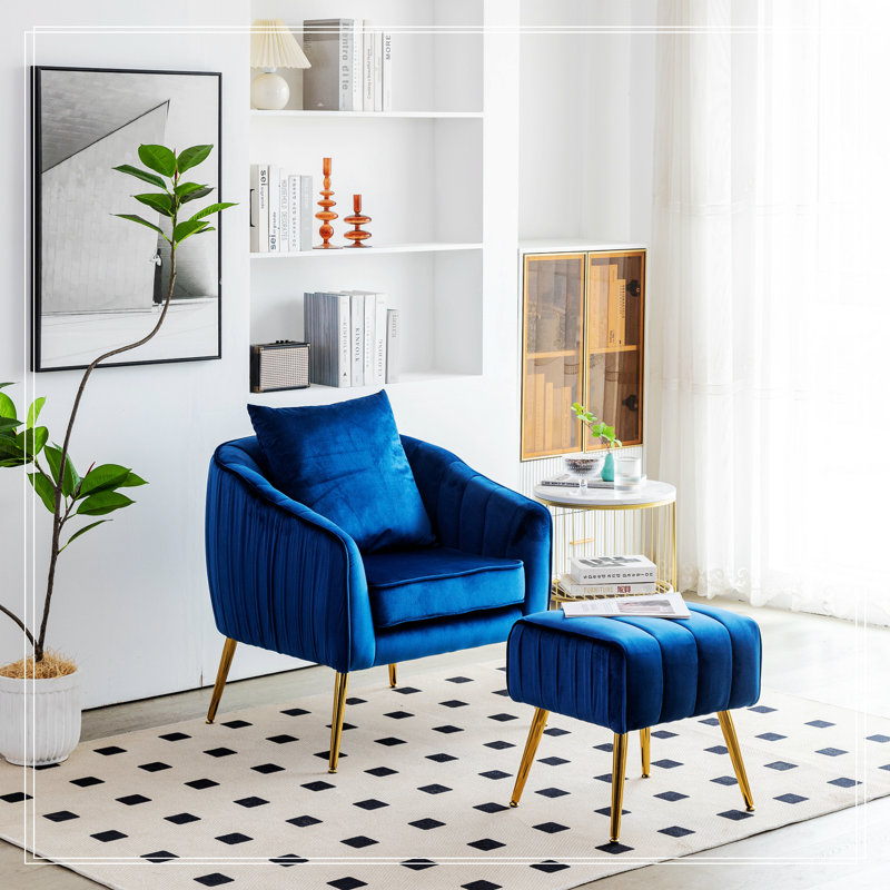 Fauteuil d'appoint avec repose-pieds, Velours bleu