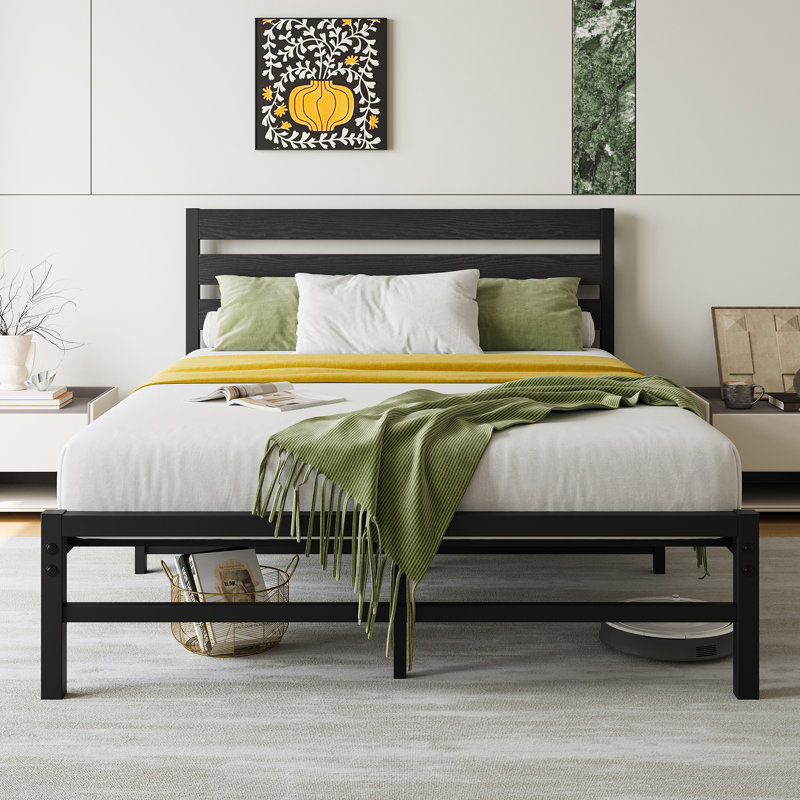 Structure de lit plateforme avec tête de lit en bois rustique rétro, aucun sommier nécessaire, Double, Noir