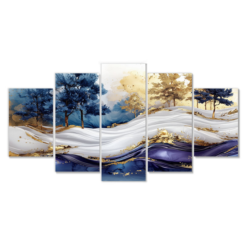 Arbres aurores au-dessus des pics de marbre II - art mural abstrait paysage - décoration murale moderne 5 pièces