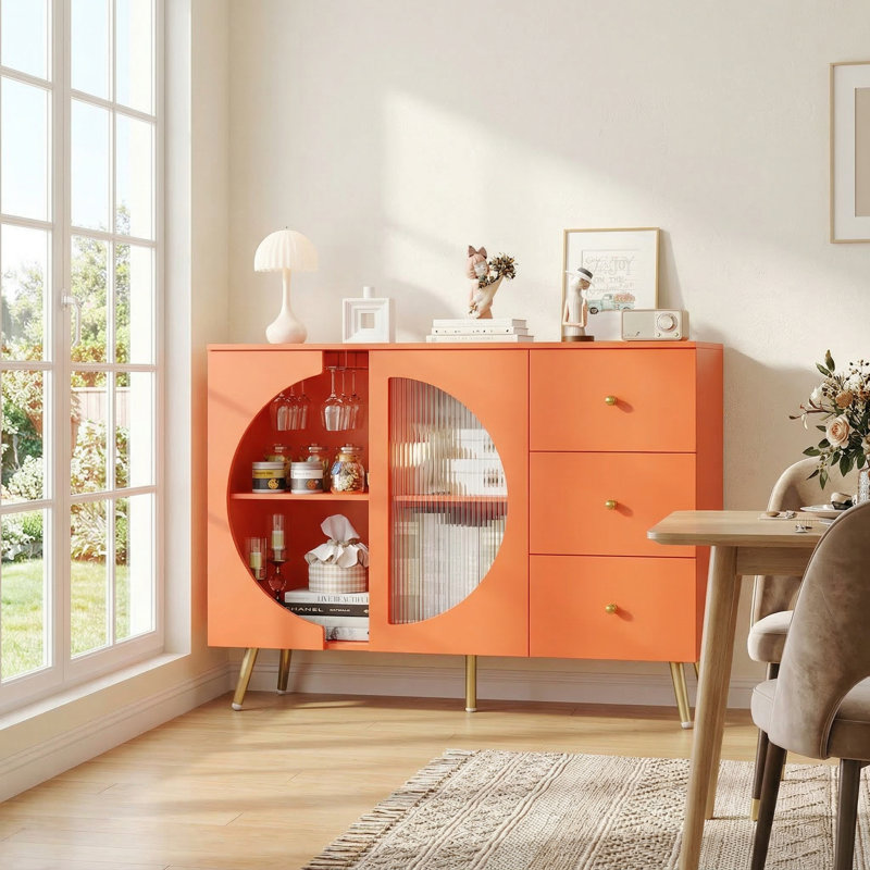 Chanyah 47.2" W Kitchen Sideboard with 3 Drawers & Wine Glass Holder, Hermès Orange