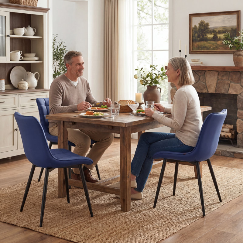Heitger Tufted Wing Back Side Chair, Faux Leather Upholstered Dining Chair with Metal Legs, Navy