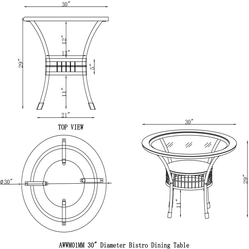 Carolina 30" Diameter All-Weather Wicker Bistro Dining Table with Glass Top, Diameter 30"