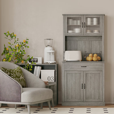 Spacious Storage Solution Kitchen Pantry Cabinet – 71" Tall Freestanding Buffet Hutch with Microwave Stand, Adjustable Shelves, Glass Doors, Drawer – Dining Room, Entryway Storage – Pastoral Grey