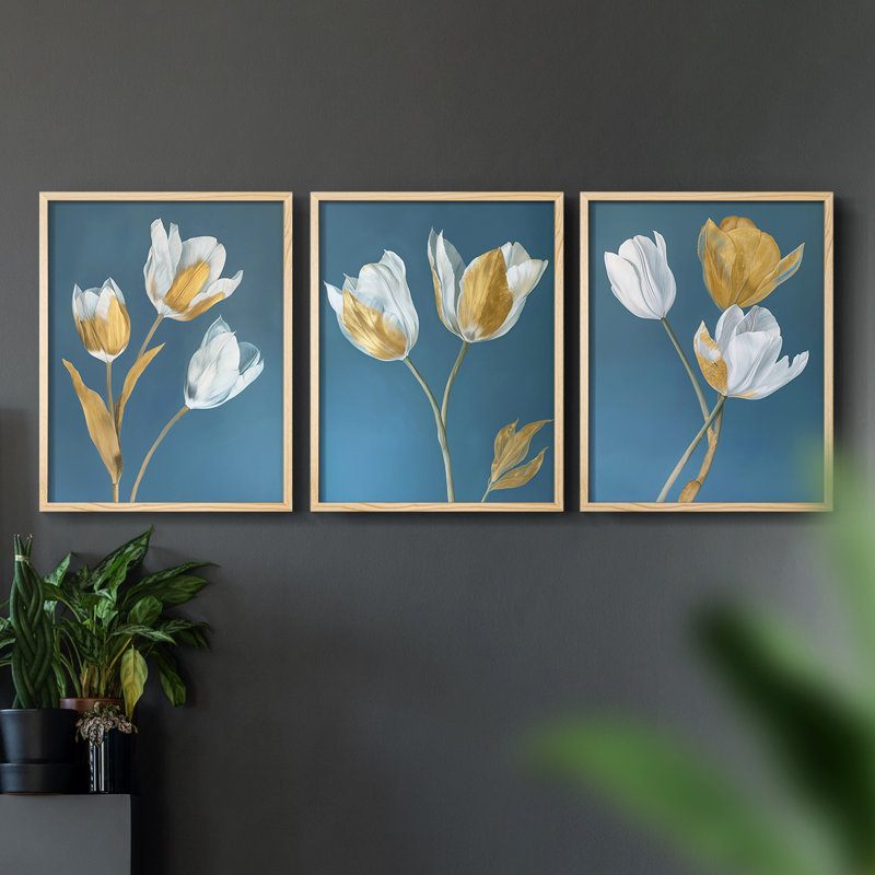 Étude florale, série XLVII, ensemble de 3 estampes numériques, prêt à accrocher, H 28 po x l 22 po, Encadré naturel