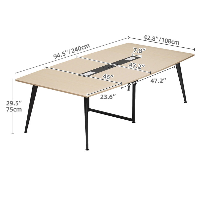 Table de conférence 94,5 "en forme de bateau avec prises de courant et œillets rectangulaires