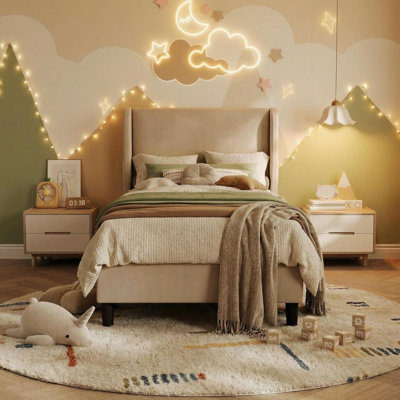Twin Bed Frame with Headboad and Wingback, Elegant Vertical Stripe Design Velvet Upholstered Bed Frame with