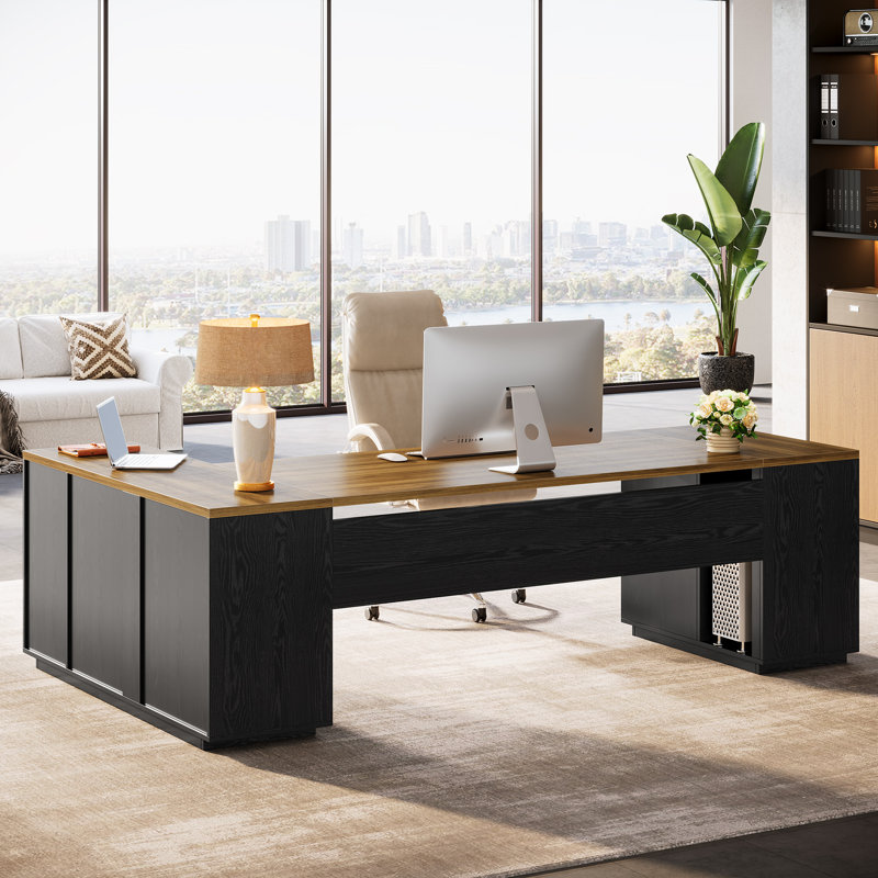 85.8" L-Shaped Executive Desk with File Cabinet, Walnut, Black