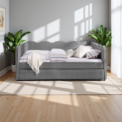 Cozy Gingham Daybed With Two Storage Drawers, With USB Port And Adorable Wave Shaped