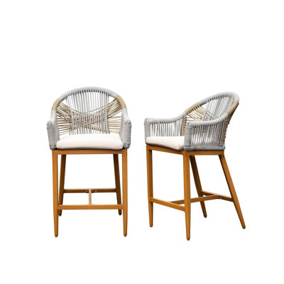 Lot de 2 chaises de bar d'extérieur avec accoudoirs et dossier, tabourets de bar rembourrés, structure en corde d'aluminium pour jardin, piscine, terrasse, cuisine - Cadre de coussin d'assise kaki pour une personne, plaisir du jardin