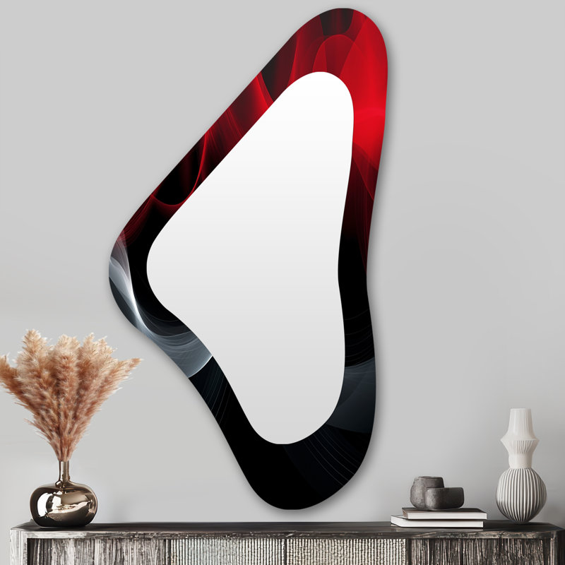 Talia Red Black Contemplative Abstraction XI - Waves Asymmetrical Decorative Wall Mirror, Modern Unique Shape Mirror, Printed Metal Art