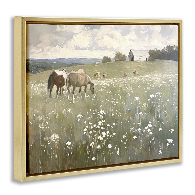 «Horses in Pasture» par Ramona Murdock, Cadre flottant métallique doré, H 25 po x l 31 po